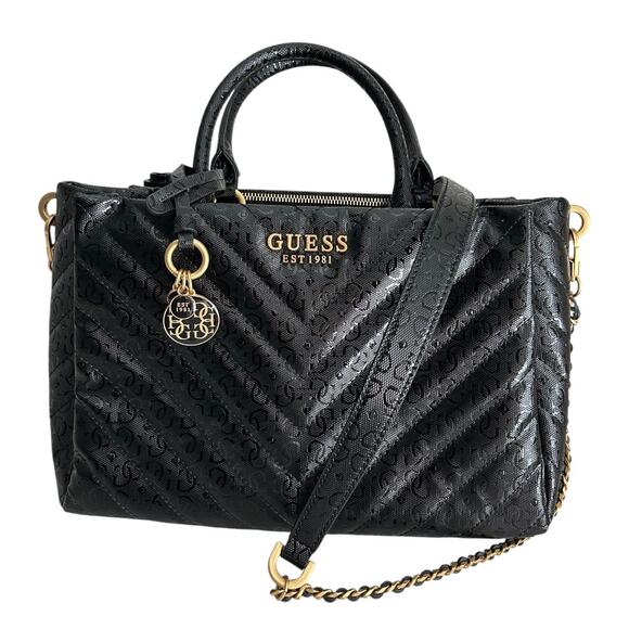 Guess Jania Society Quilted Medium Satchel Crossbody Black Logo Embossed NEW - Picture 1 of 12